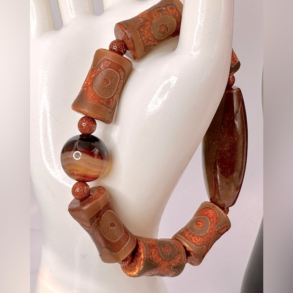 OCEAN JASPER + 3 EYE TIBETAN AGATE NATURAL STONES BRACELET size 7” - Picture 2 of 14